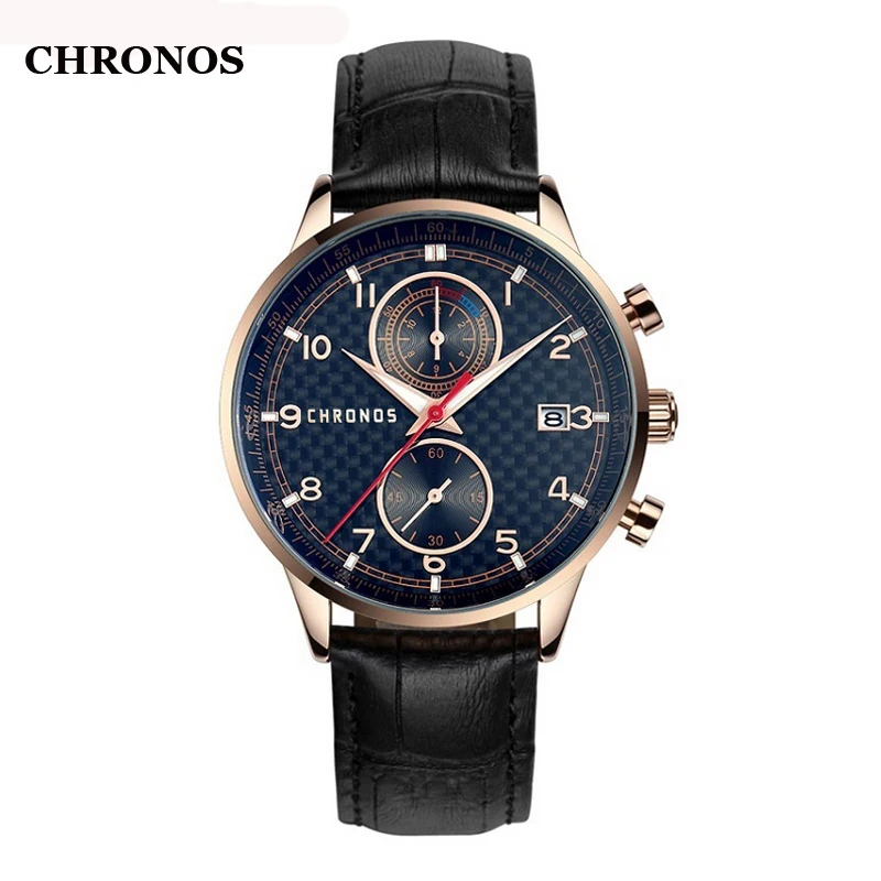 Chronos Men Watches Genuine Leather Quartz Watch Luxury Waterproof Sport Watches Male Date Clock Relogio Masculino