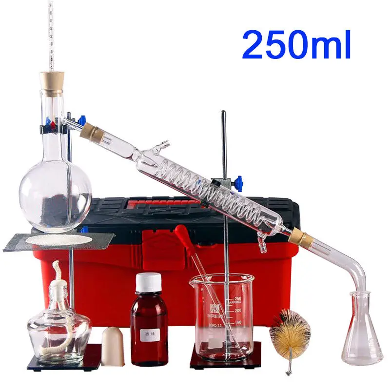 

FLYYUEWO 250ml New Lab Essential Oil Distillation Apparatus Water Distiller Purifier Glassware Kits w/Condenser Pipe Full Sets
