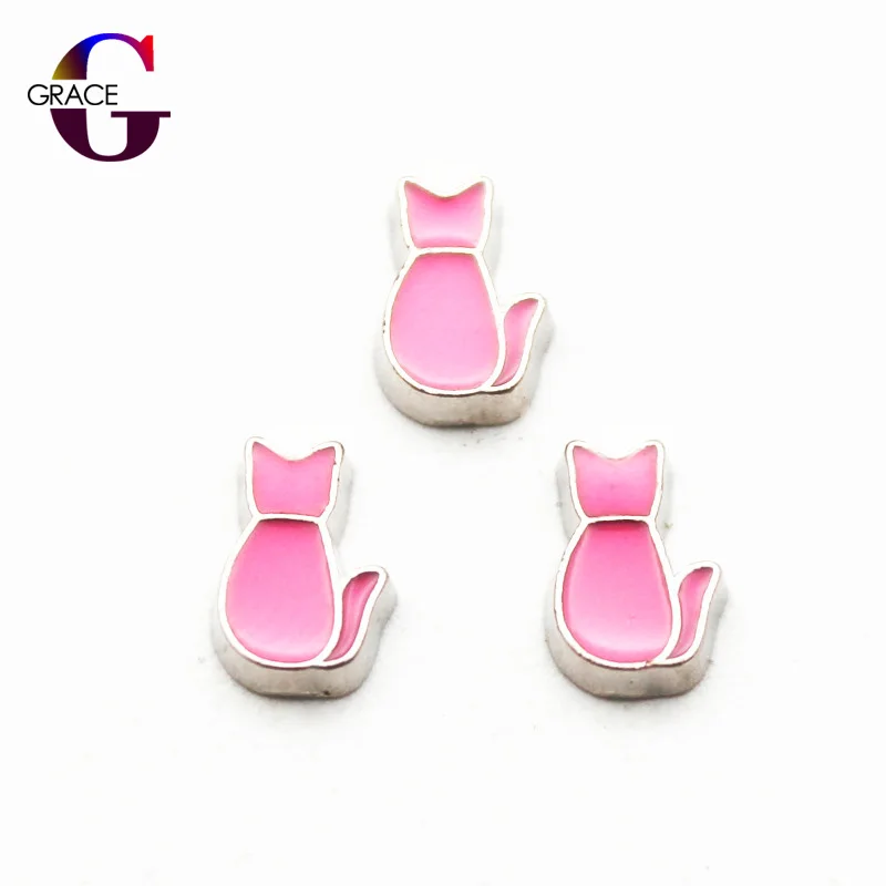 

20pcs/lot Fashion Enamel Pink Cat Floating Charms For Living Memory Glass Floating Locket Women Necklace Pendants DIY Jewelry