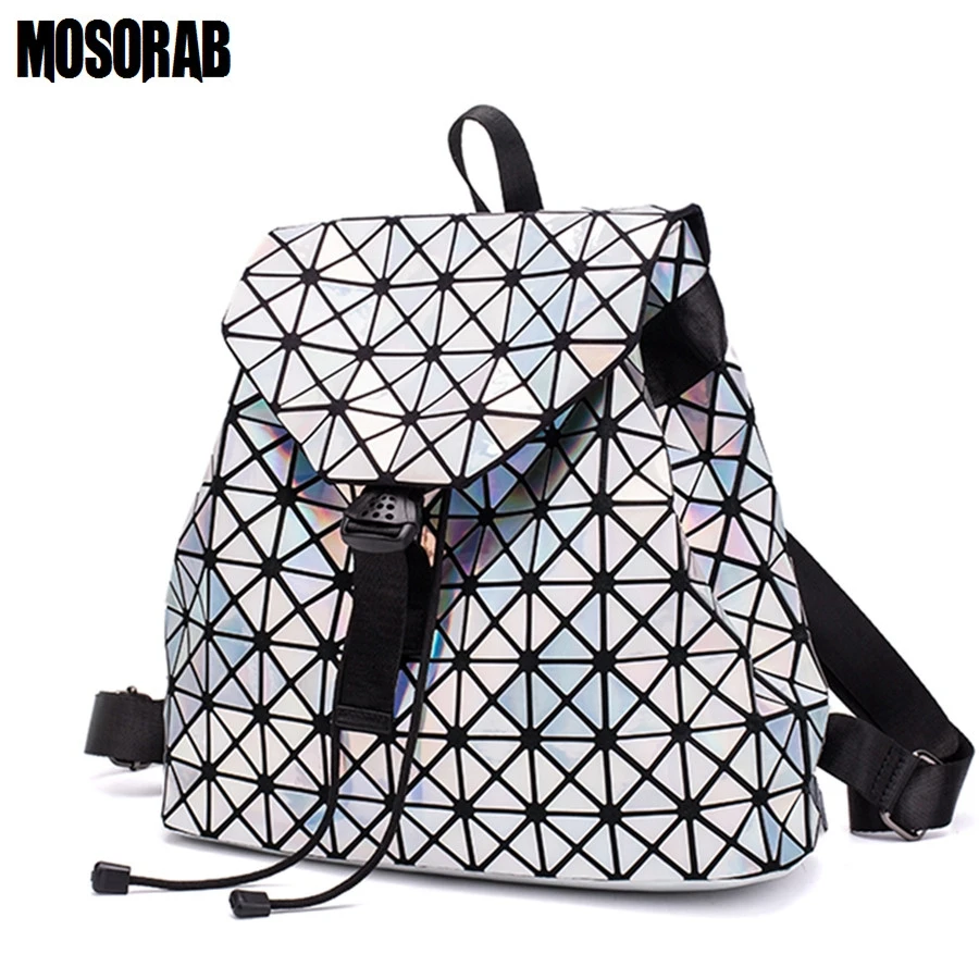 

MAGICYZ Fashion Drawstring Design Holographic Laser Women Backpack Geometric Diamond Backpack Travel Back Bag For Men Sac A Dos