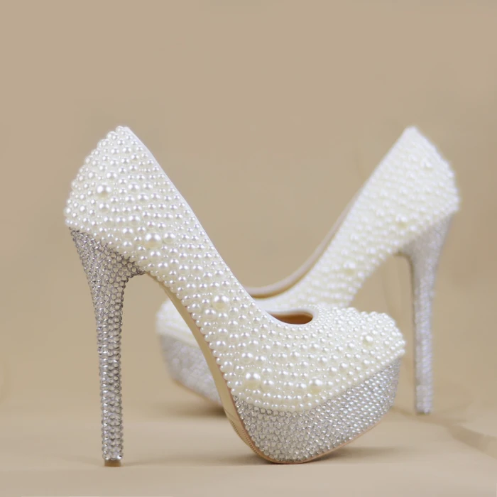 

Rhinestone High Heeled Shoes Woman White Dress Pearl Diamond Crystal Shoes Bride's Single Shoes Pumps Plataformas Mujer Ladies