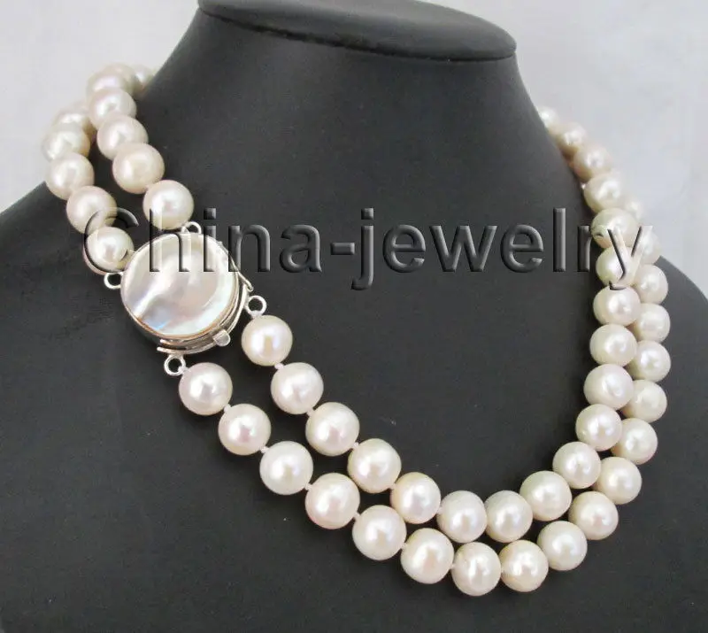 P1552 3ROW 11 mm round white FRESHWATER PEARL NECKLACE