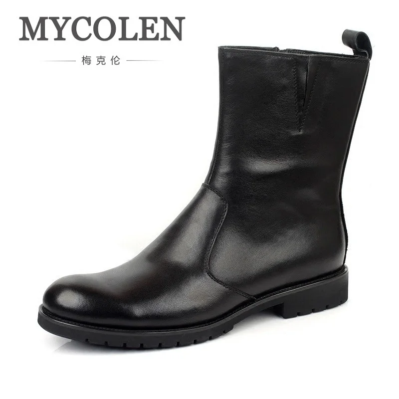 

MYCOLEN Luxury Brand Ankle Boots Genuine Leather Men Shoes Lace Up British Stylish Dress Boots Men Zipper Booties