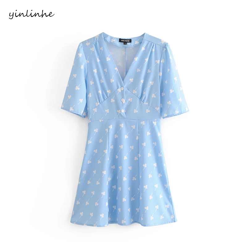 

yinlinhe Light Blue V neck Summer Dress Short Sleeve Slim Elegant Women Dress Button Fashion Ladies Ruffles Vestido 459