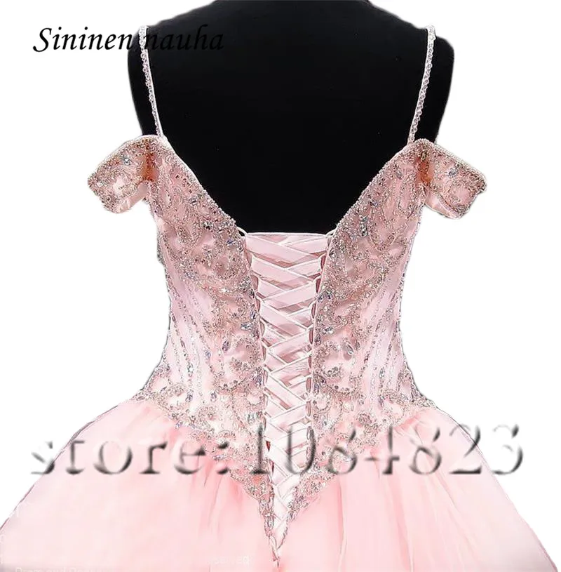Розовые платья Quinceanera для выпускного вечера вечерние платья с бисером в плечах, платье для танцев бальное платье, vestidos De 15 Anos сладкий 16