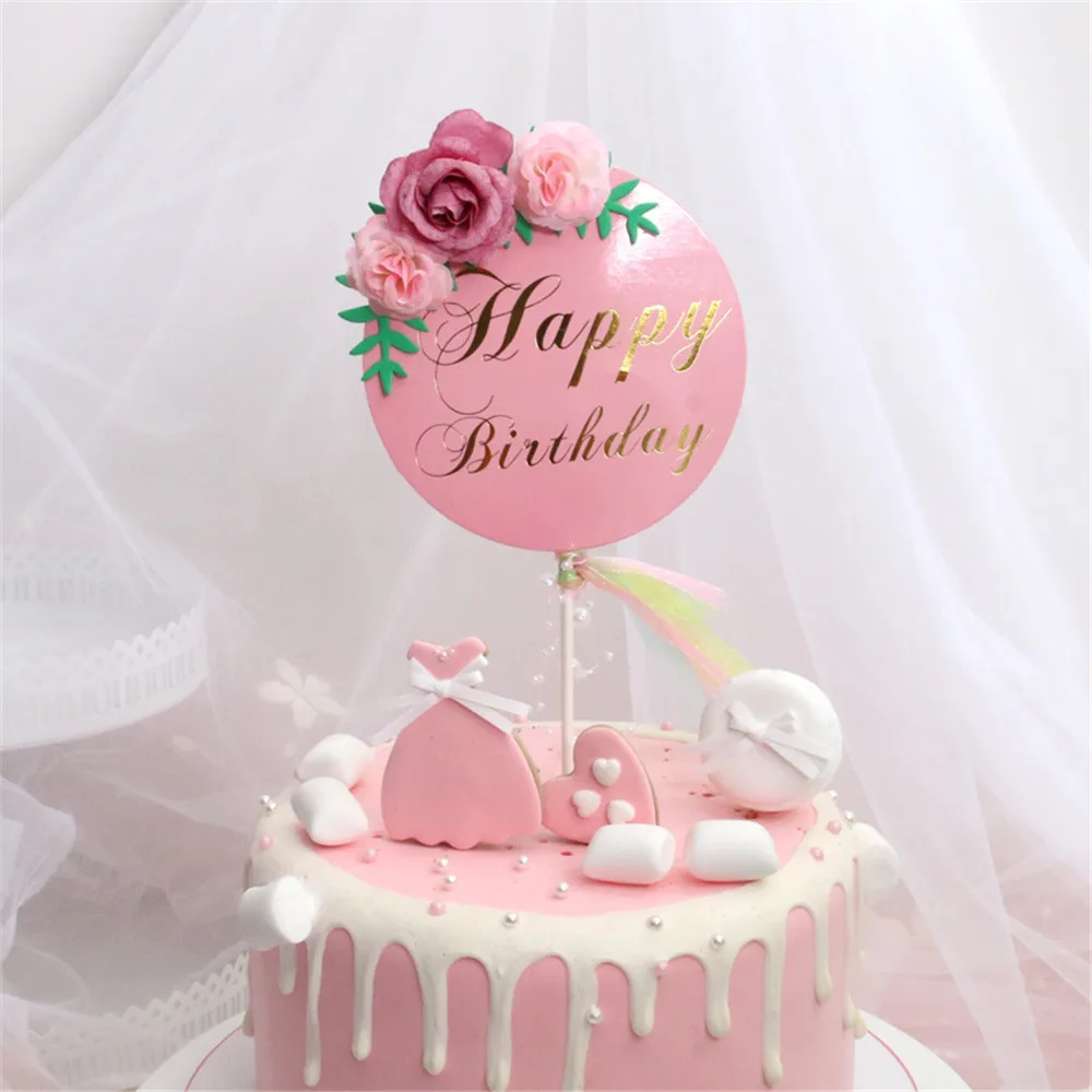 CRLEY цветок зеленый лист Топпер для торта «С Днем Рождения» розовый белый украшения выпечки украшения Baby Shower Свадебные украшения