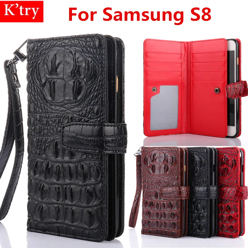 

Luxury 3D Alligator Crocodile Skin Pu Leather Conque For Samsung Galaxy S8 Hand Strap Wallet Flip Cover Case For Galaxy S8