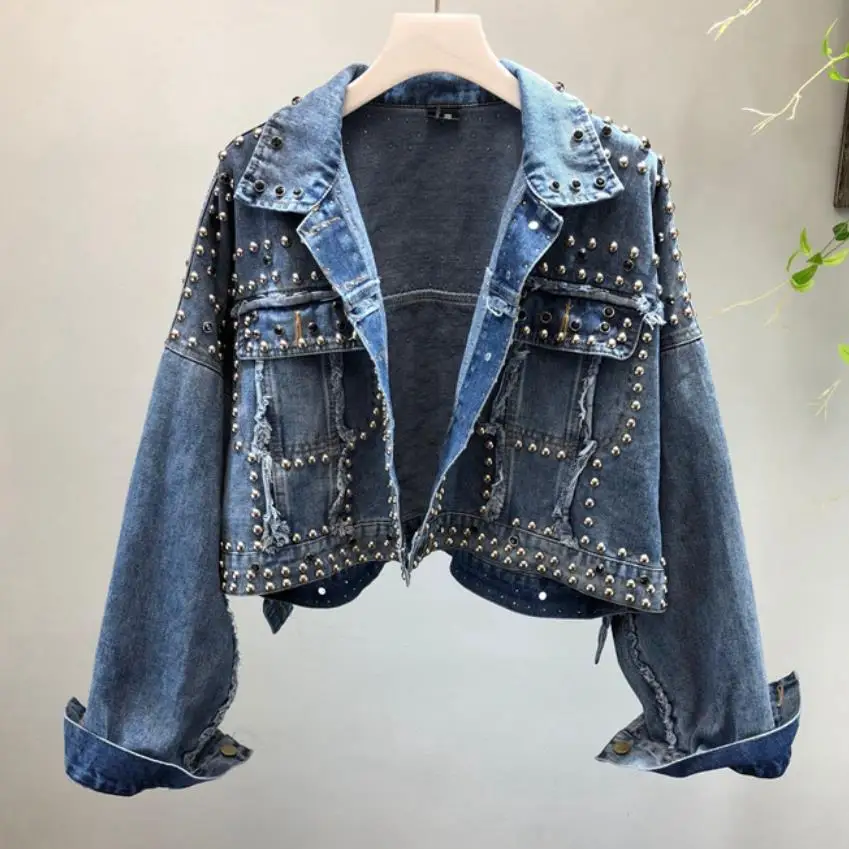 Perles blue Vestes Lourde Noir red Denim À Court Femmes Manteau Jeans Rivet Veste Main Mode Automne La De Black ZpwYT4vq