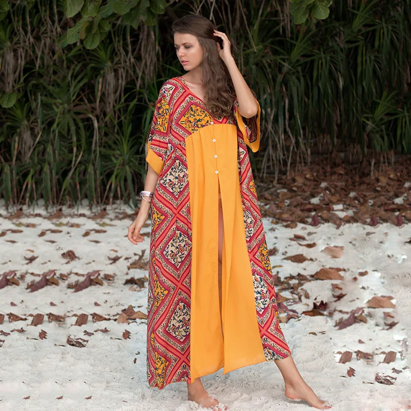 

Beach Dresses Swimsuits Tunic Covered Woman Cape On Swimsuit Women's Summer Skirt Children Loose Size Single Row Button Printed