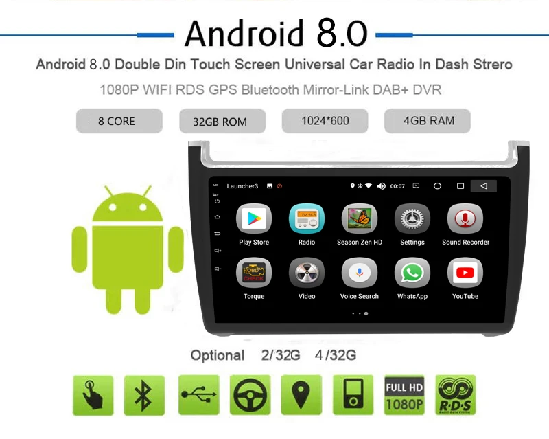 Clearance Android 8.0 car gps dvd radio multimedia player 1din 9 inch touch screen with RDS WiFi Mirror Link for Volkswagen polo 2015-2018 1