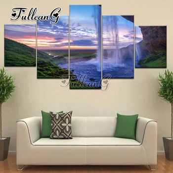 

FULLCANG diy 3d mosaic full embroidery "natural scenery waterfall" diamond painting 5 panel rhinestone hobbies and crafts G1211