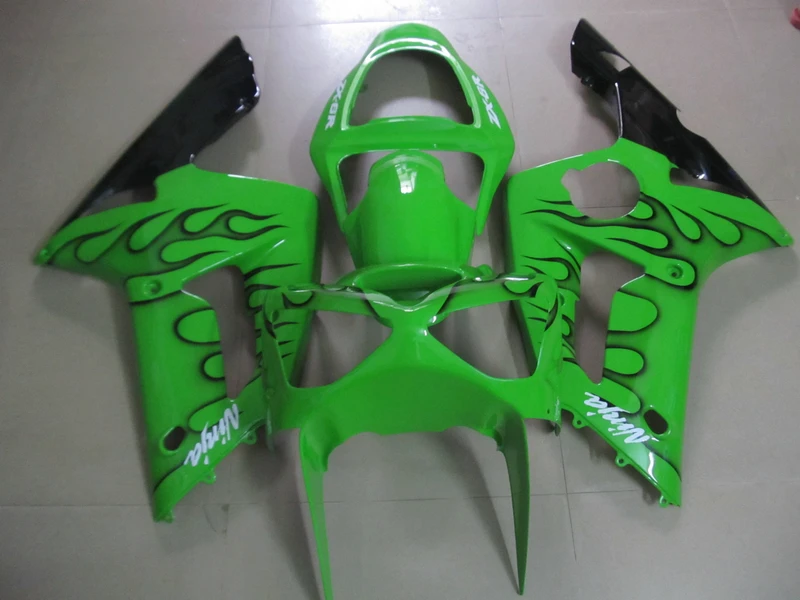 

Injection moto part fairing kit for Kawasaki Ninja ZX6R 03 04 black flames green fairings set ZX6R 2003 2004 OT39