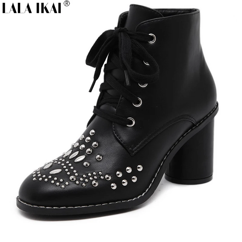 LALA IKAI Sexy Lace Up Black Ankle Boots For Women Hight Heel Rivet
