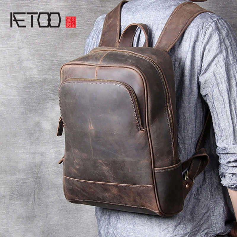 

BJYL Retro head cowhide men's shoulder bag leather handmade computer backpack