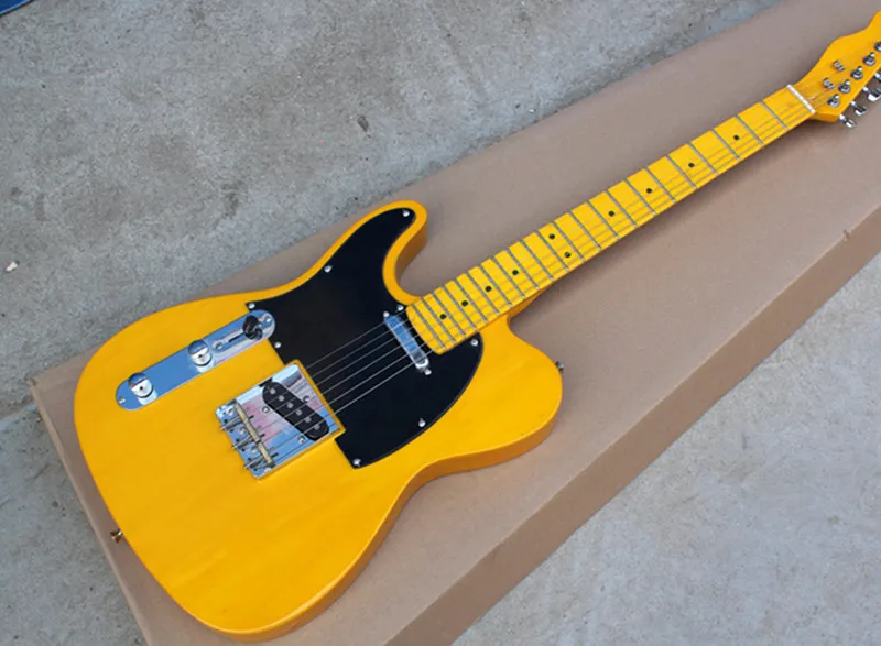 

Factory Wholesale Left-hand Yellow String-thru-body Electric Guitar with Yellow Neck,Black Pickguard,Offer Customized