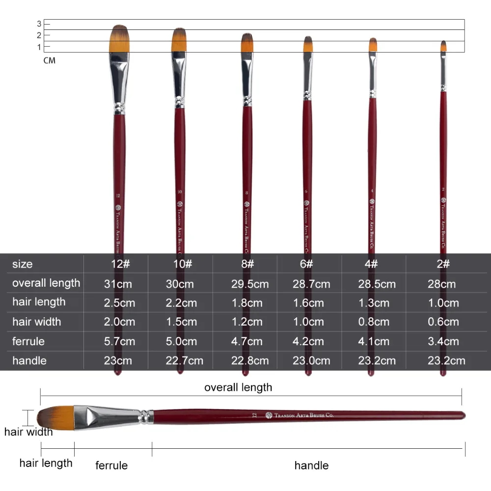6 шт. Transon213 фундука голову нейлон художника щетки, красной ручкой живопись кисти, масло щетка