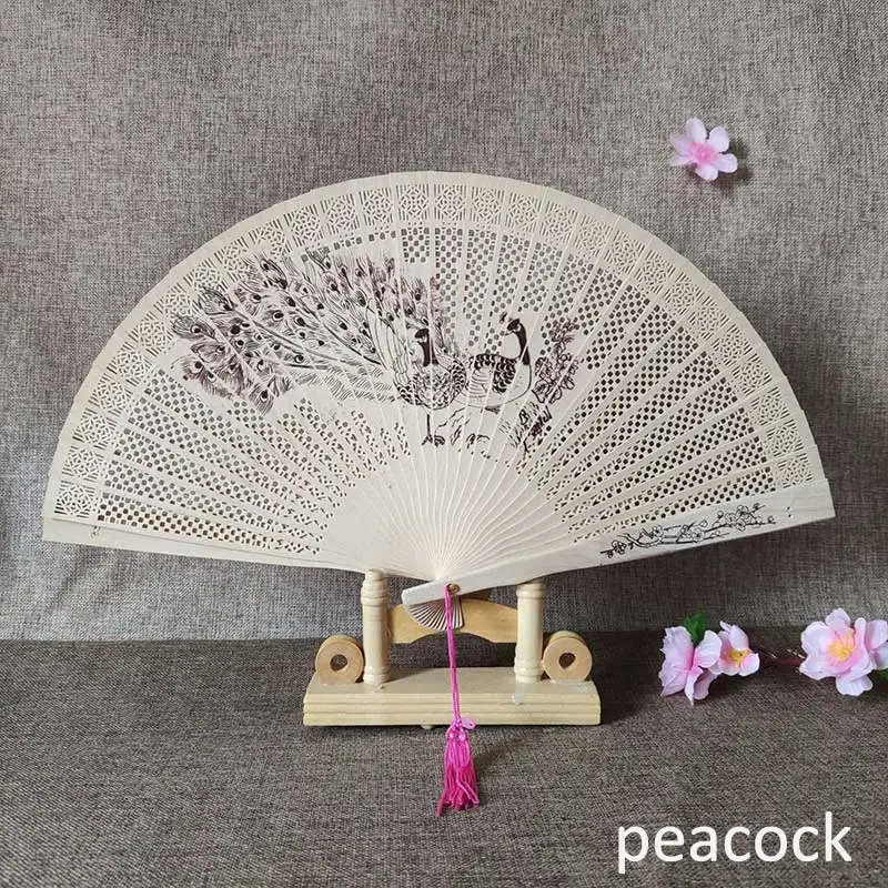 1Pcs Chinese wood carving printing Vintage antique craft fan Incense wood lady folding fan - Цвет: peacock