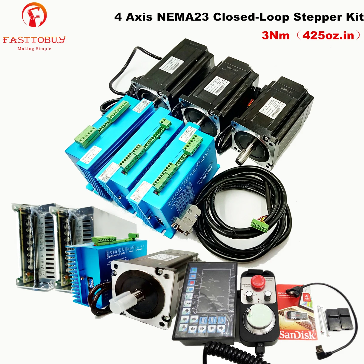 3NM DSP Closed Loop Stepper Motor Nema23 Drive 428oz-in Power Supply RS232 Cable 