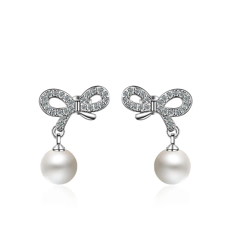 

100% 925 sterling silver fashion bowknot imitation pearl crystal ladies`stud earrings women jewelry female Christmas gift cheap