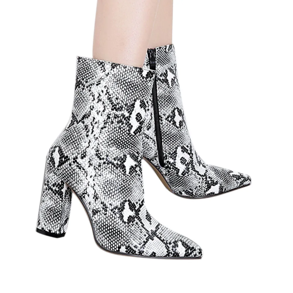 

Women Snakeskin Pattern Toe Zip Thick Pointed Boots Boots High Shoes Boots Rough locomotive Shoes Europe and the United States