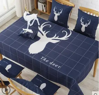 

Nordic simple bule deer printed cotton fabric waterproof tablecloth coffee table table cloth