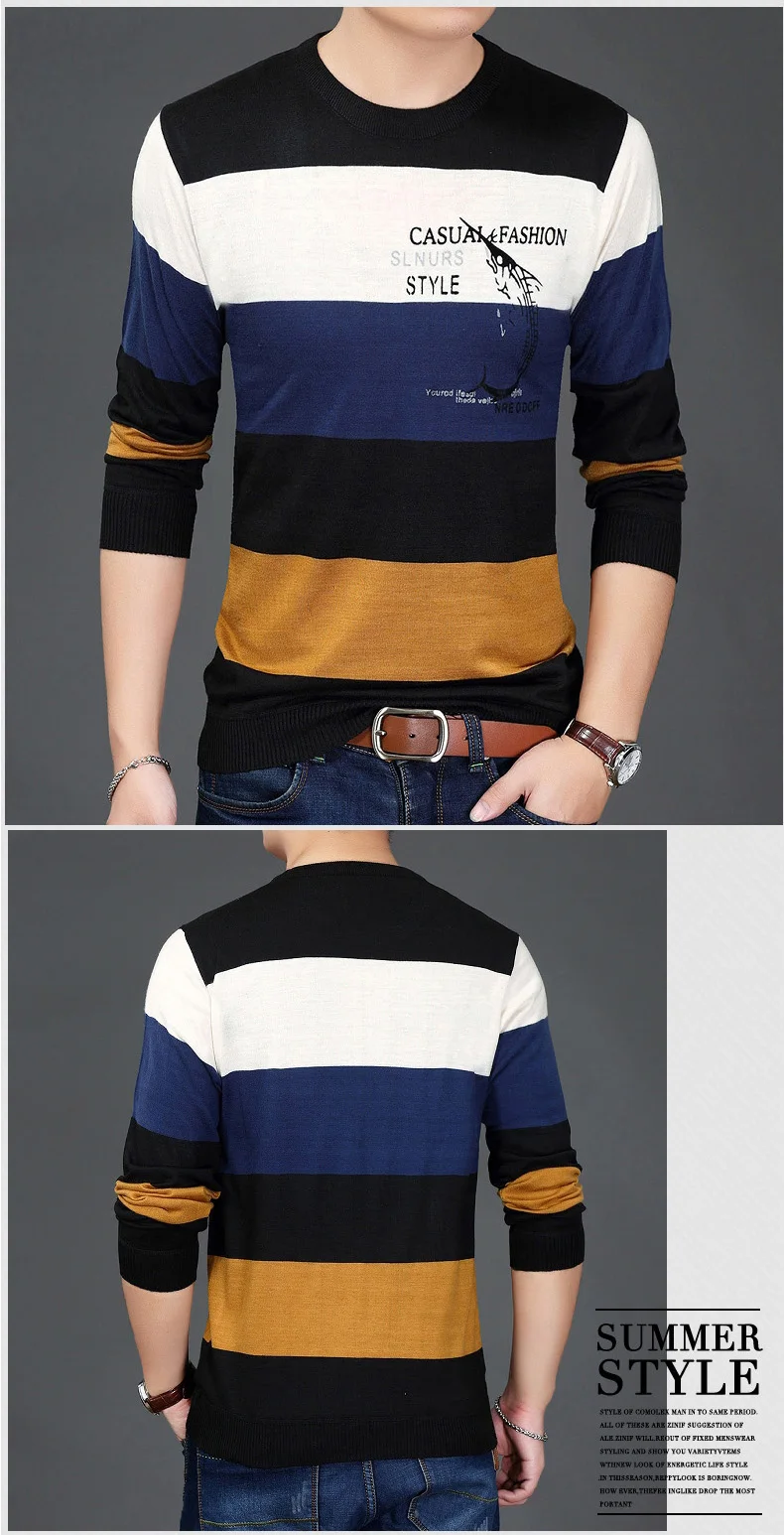 Дизайнерский пуловер, полосатый мужской свитер, мужской тонкий трикотажный свитер, Мужская одежда, облегающий трикотаж, модная одежда 10034