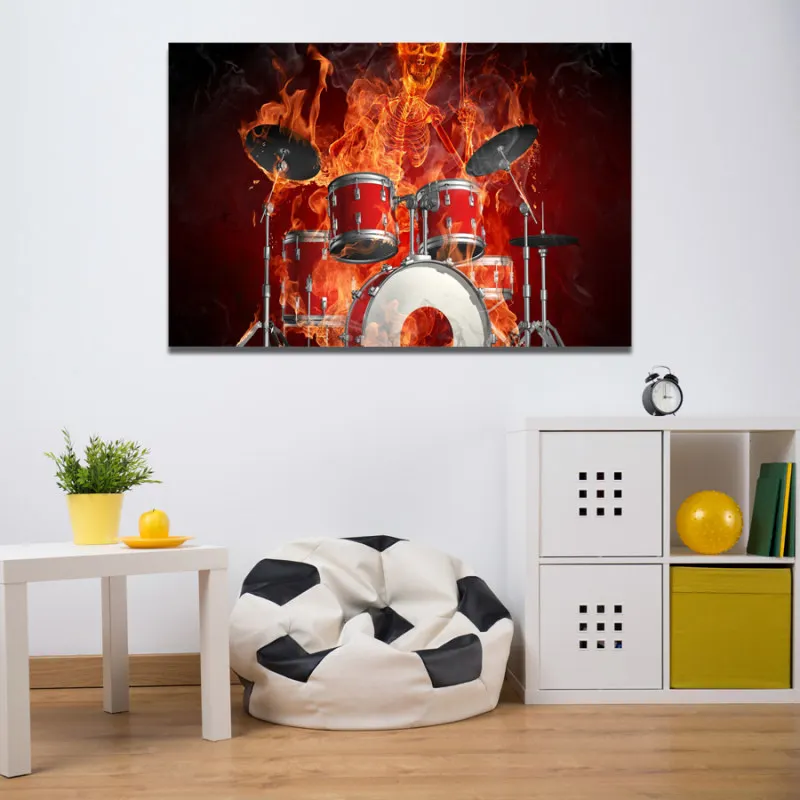 

5 Pieces HD Fire Skull Drum Music Poster 4 Panels Prints Wall Art 3 Canvas Painting Framed Artwork For Living Room
