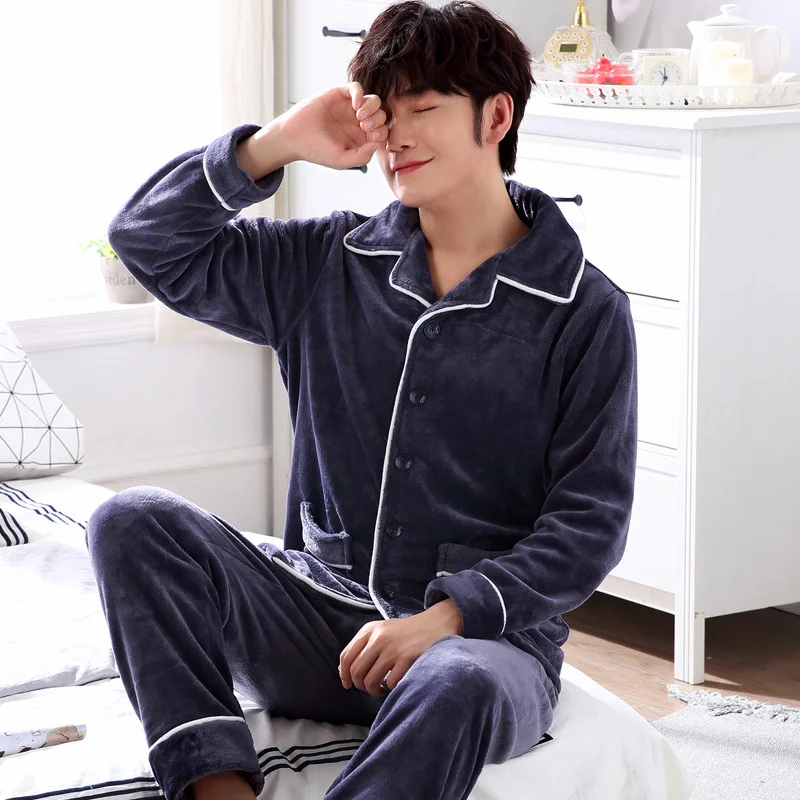Pijama hombre 2018 на осень зиму новые фланелевые пижамы Мужская футболка с длинными