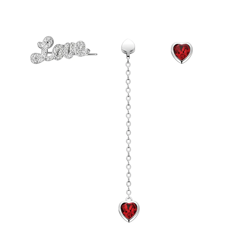 

LEKANI 2019 3pcs Love Ear Climber Cuff 925 Sterling Silver Asymmetric Long Chain Red Heart Crystals from Swarovski Stud Earrings