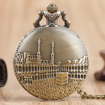 Classic Castle Building Quartz Pocket Watch Bronze Antique Necklace Pendant Chain Women Men Watches Birthday Reloj De Bolsillo novel hat shape quartz pocket watches male metal case necklace chain pendant watch kids christmas gift reloj de bolsillo hombre