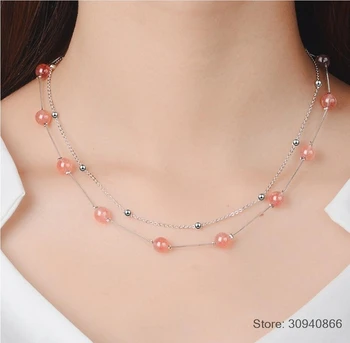

100% Real 925 Sterling Silver Fine Jewelry Pink Strawberry crystal Bead Chain Necklaces for Women Statement Necklace Choker