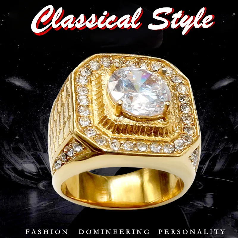 

KLDY NEW Bling Men's Zircon Ring Gold stainless steel Full CZ Hip hop Rings Fashion HIP-HOP Jewelry Dropshipping size 7 to 13