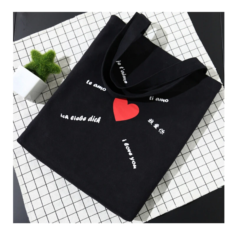 cheap Cute Black White Canvas Bags Shopping Reusable Foldable Shoulder Bag Handbag Tote Bag Casual Shoulder Bags School Travel Women