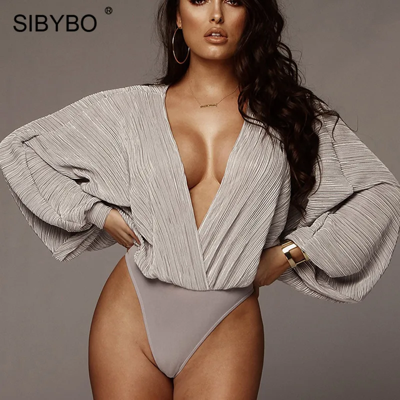 Online Sibybo Deep v cuello Patchwork Sexy Bodysuit moda mujer manga larga suelta mujer mono Casual otoño mono 2019