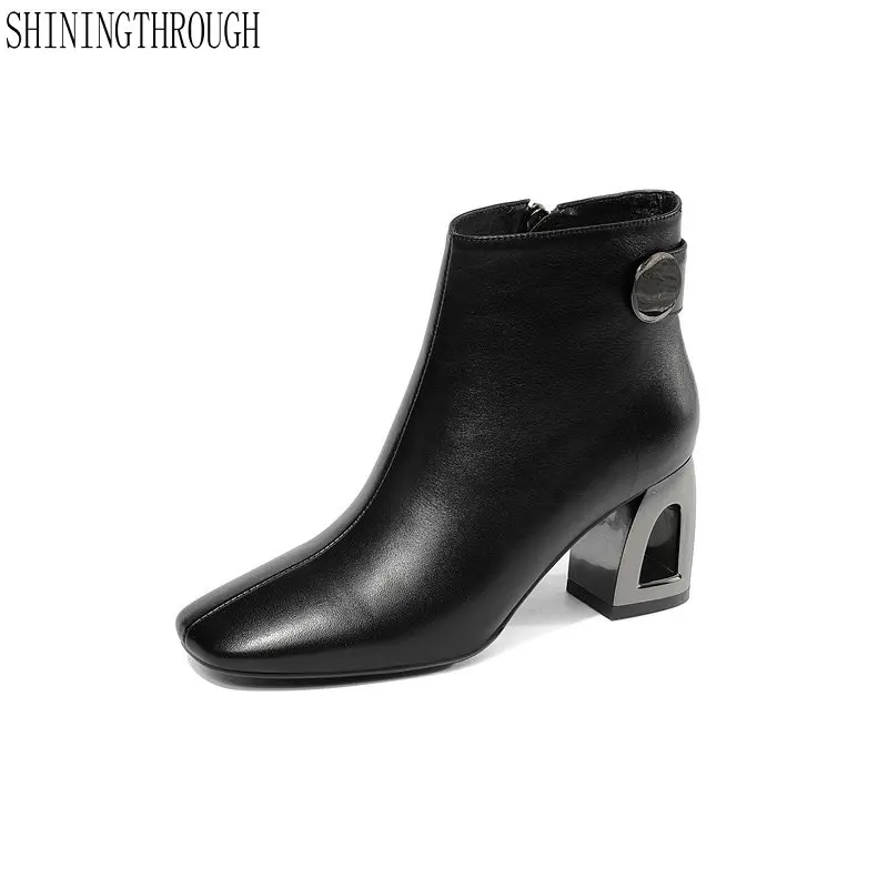 

Genuine Leather Top Quality Basic Ankle Boots for Women Square Toe High Heels Zipper Ladies Shoes Woman Autumn Winter Shoes