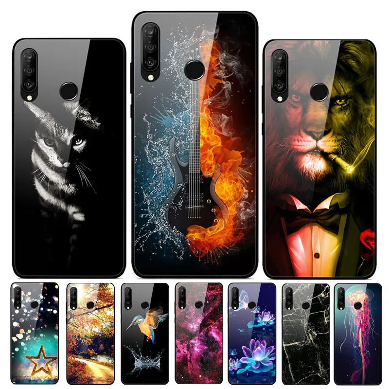 

For Huawei P30 Lite Case Tempered Glass Printed Back Cover Hard Case For Coque Huawei P30 Lite Phone Case fundas P 30 Light Pro