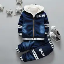 Детская одежда для маленьких мальчиков, джинсы, комплекты одежды из джинсовой ткани, зимняя теплая одежда высокого качества с буквенным принтом для детей 1-4 лет, MY-7200