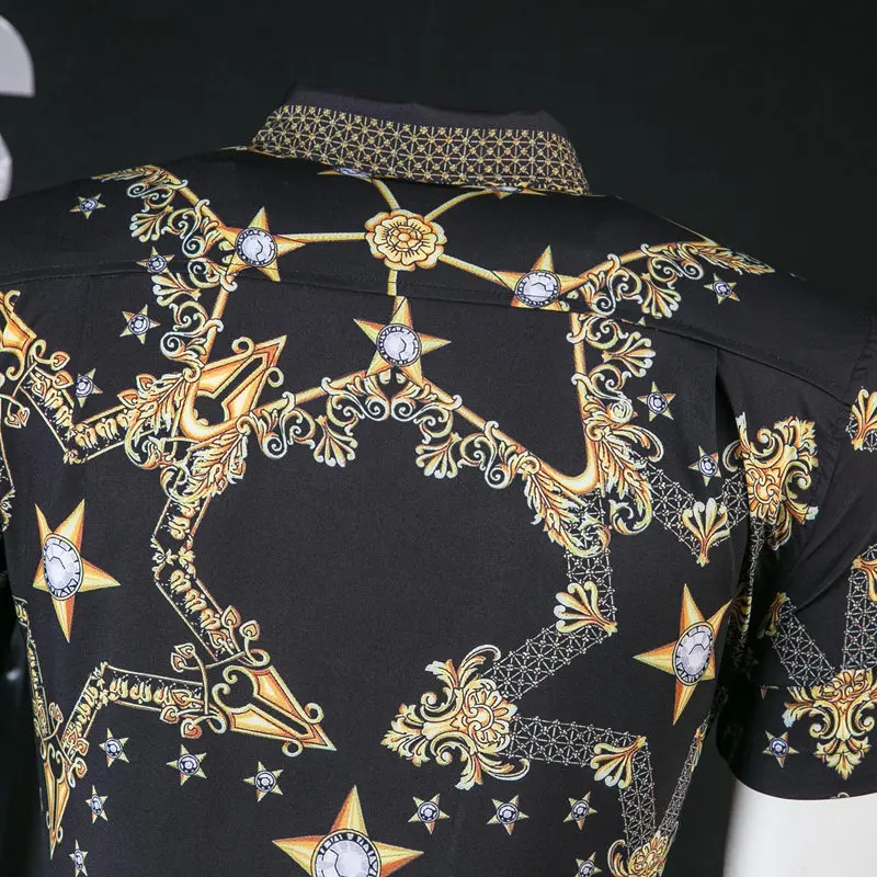 Геометрические золотые мужские рубашки с коротким рукавом летние облегающие мужские рубашки с принтом звезд роскошные мужские рубашки Мода M-3XL