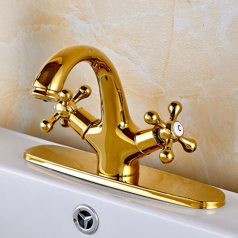 

Luxury Golden Color Countertop Bathroom Sink Faucet Double Handles Mixer Tap with Cover Plate