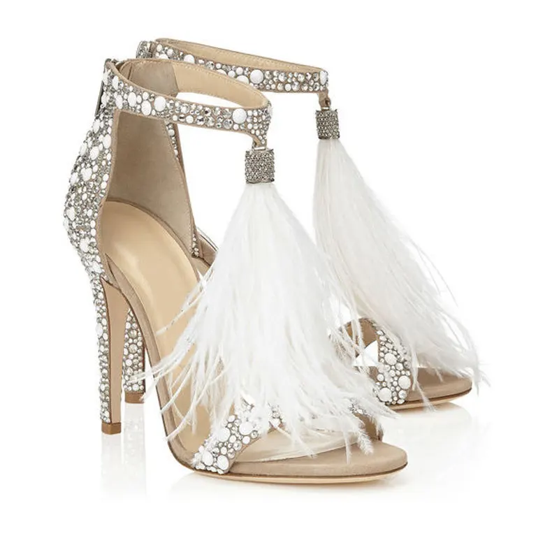 

ENPLEI Sexy Women Sandals Pumps Summer Rhinestone Zipper Feather High Heel Apricot Women Wedding Pumps Shoes size 34-43