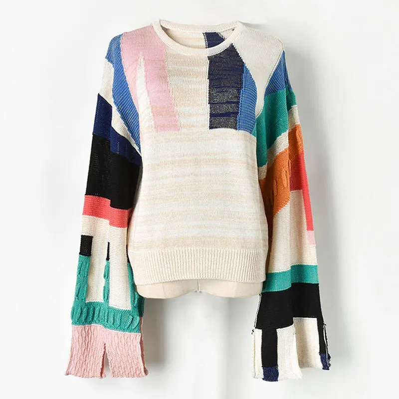 2019 новый осенний женский модный тренд свободный цветной свитер Контрастный ЦВЕТНОЙ пуловер, вязаный свитер высокого качества