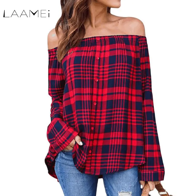 Laamei 2018 Autumn Women Plaid Plaid Off Shoulder Blouse Casual Long Sleeve Loose Button Tops Ladies Striped Party Shirts Z50 Blouses