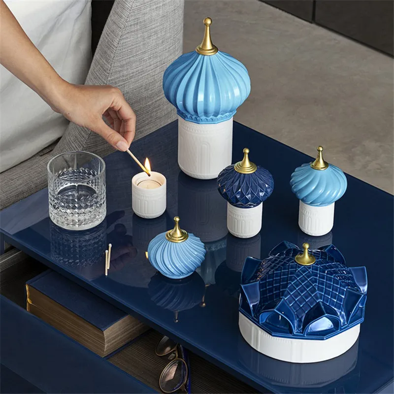 

Spain lladr Design Candelabra Ceramic Candle Holder Storage Tank Home Decorative Cup Jewerlly Box Roof Pagoda Cafts