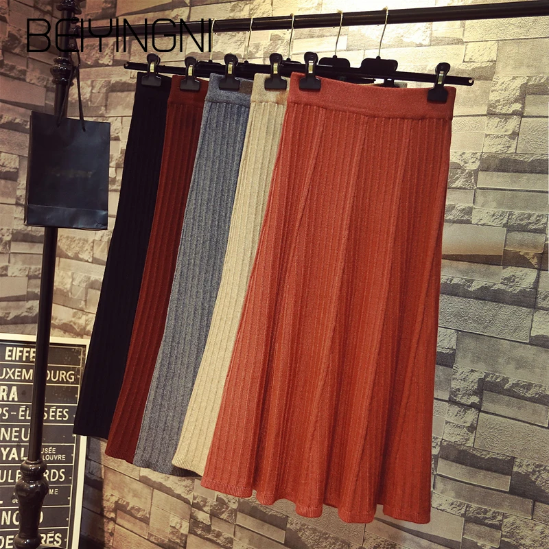 

Beiyingni Knitted Skirt Women Solid Korean 5Colors Vintage A Line Skirts Spring High Elastic Waist Fashion Office Lady Saia Jupe