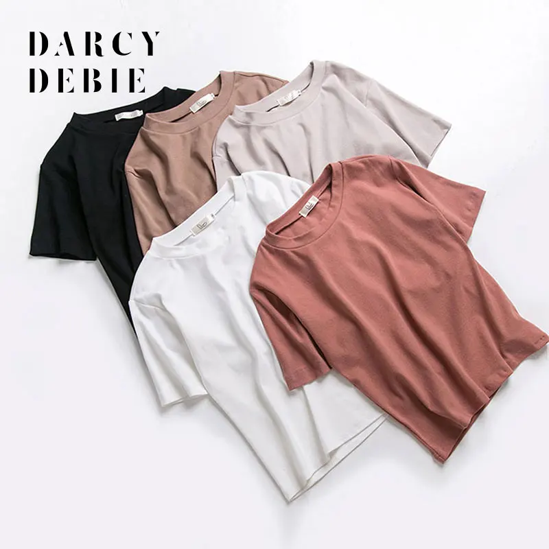 Летняя хлопковая Футболка Darcydebie 2019 Женская свободная Стильная однотонная