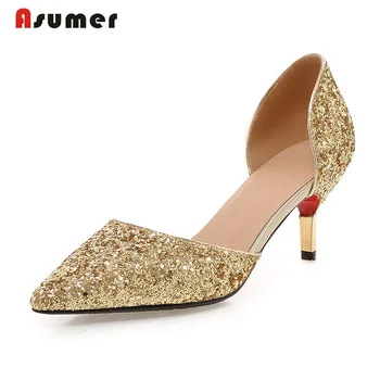 

Asumer glitter thin heels pointed toe slip-on women pumps large size 32-43 high heel party shoes gold silver white summer shoe