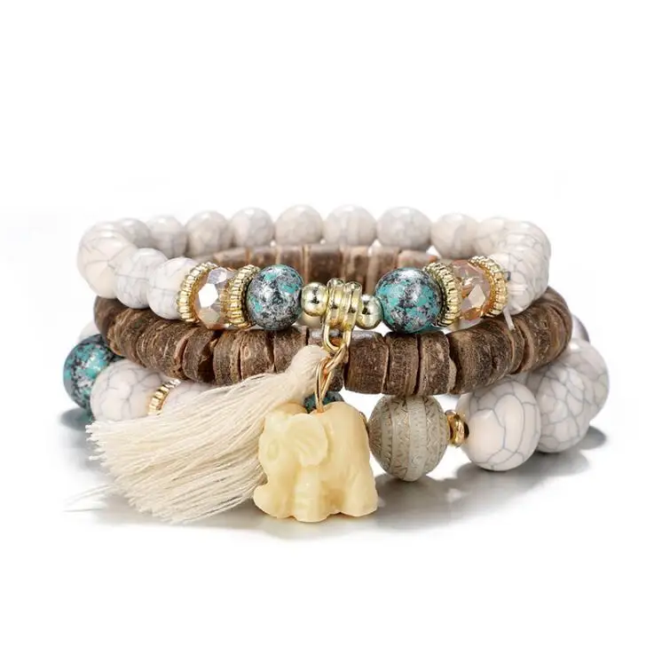 

622Bohemia 3pcs Set Beaded Wood Tassel Personality Multielement Bracelet Adjustable Opening Bangle Bijoux Jewelry Gift B3187