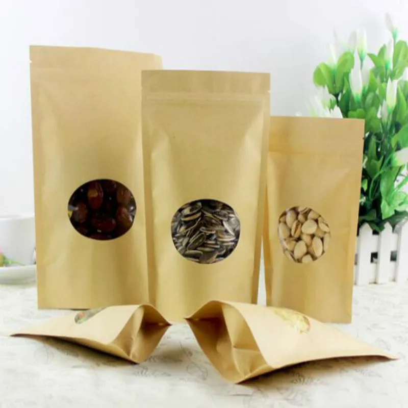 100pcs/lot Kraft Packing Bag With Zip Lock Round Window In Front Snacks Storage Package Paper Bags 19041201