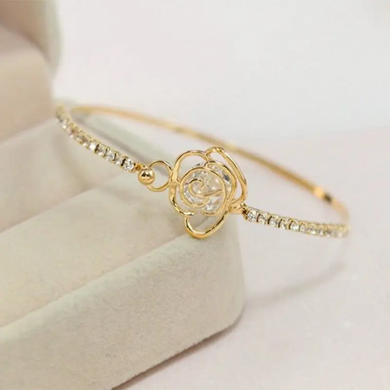 

New Hot Fashion Simple Metal Rhinestone Camellia Rose Gold Bangle Cuff Bracelet For Women Jewelry