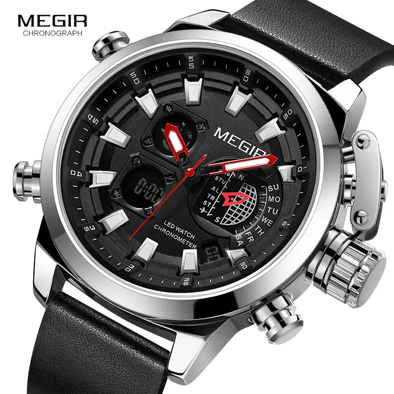 Billig MEGIR männer Sport Quarz Uhren Leder Strap Chronograph Luminous Armee Armbanduhr 2019 Neue Top Marke Uhr Relogios 2090 Schwarz